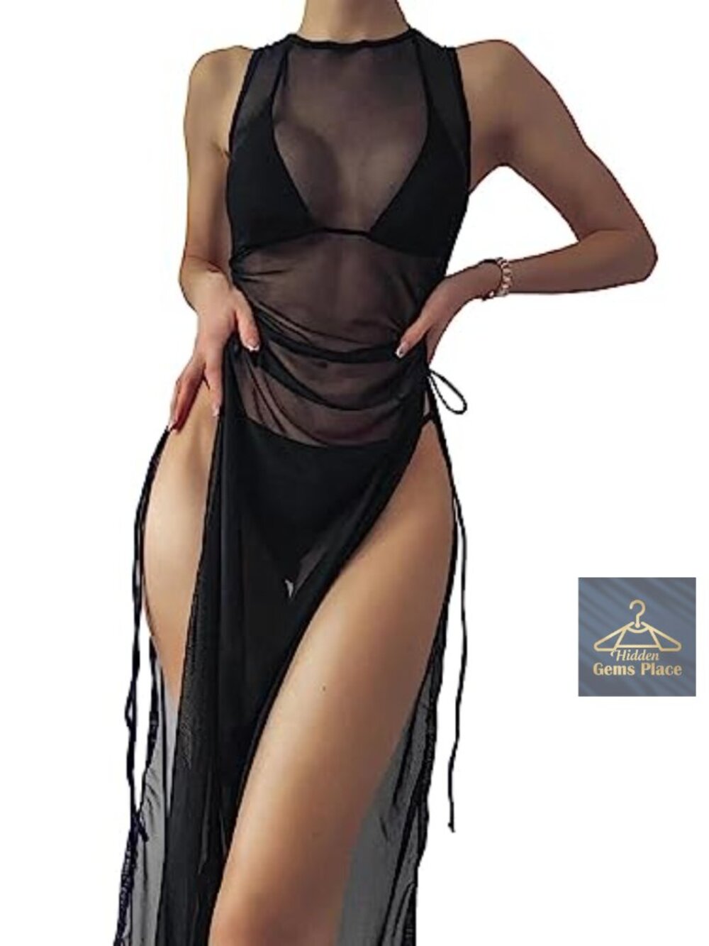 Women's Sheer Mesh Maxi Swimwear Cover Up Dress Sleeveless Drawstring Beach